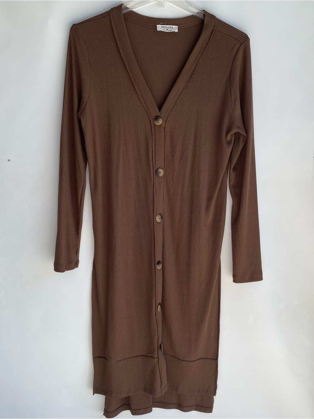 Zenana brown ribbed knit v-neck duster cardigan sweater fall transition M